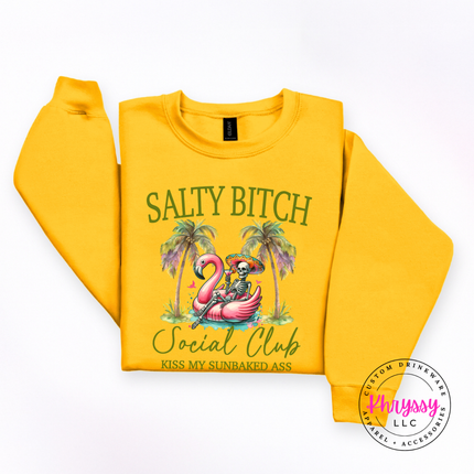 Gold beach crewneck showing a funny salty social club design.