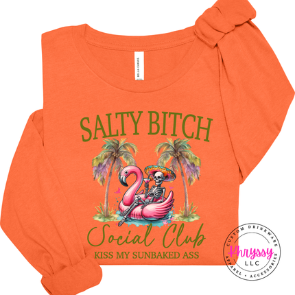Orange Bella Canvas shirt with a Salty Bitch Social Club graphic.