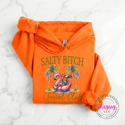 Orange Gildan hoodie with a Salty Bitch Social Club design.