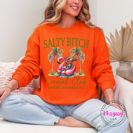 Orange Gildan crewneck sweatshirt with a Salty Social Club design.