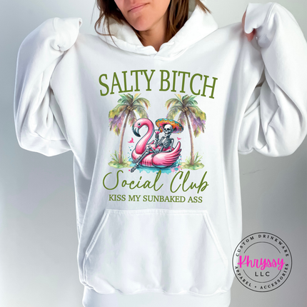 White hoodie with a flamingo float skeleton beach design.