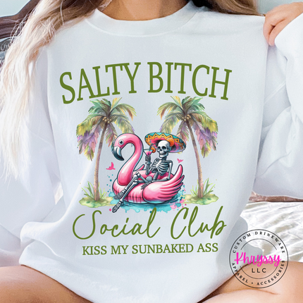 White crewneck with a flamingo float skeleton beach design.