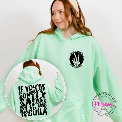 Mint Green pullover hoodie showing a retro black Bring The Tequila back design.