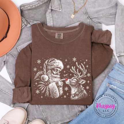 Espresso long sleeve tee featuring a grinning reindeer and Santa with snowflakes.