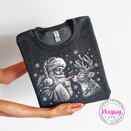 Woman wearing the Santa boop reindeer crewneck sweatshirt in Dark Heather.