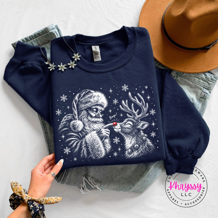Santa giving his reindeer a nose boop on a Navy crewneck sweatshirt.