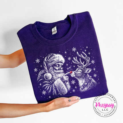 Woman wearing the Santa boop reindeer crewneck sweatshirt in Purple.
