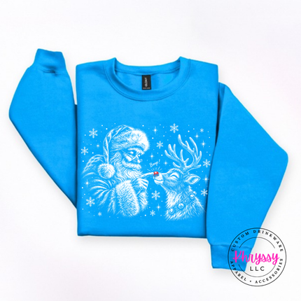 Close up of the Santa and reindeer boop sketch on a Sapphire crewneck sweatshirt.