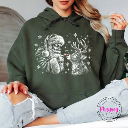 Close up of the Santa and reindeer boop sketch on a Military Green hoodie.