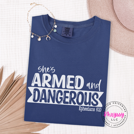 Navy Comfort Colors tee showing bold armor of God faith lettering.