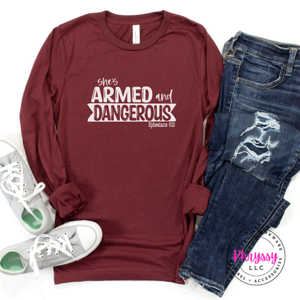 Cardinal long sleeve showing bold armor of God faith lettering.