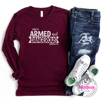 Maroon long sleeve featuring a She's Armed and Dangerous scripture design.