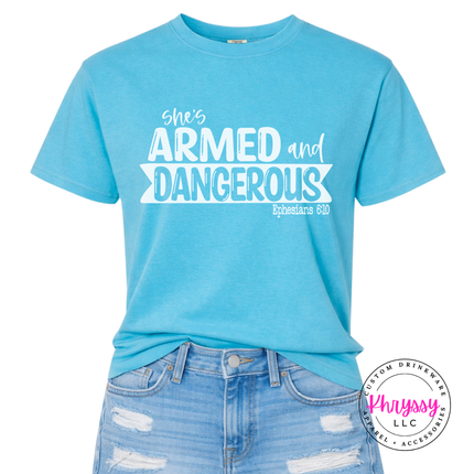 Sapphire soft cotton tee with a bold Ephesians 6:10 faith graphic.