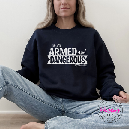Navy crewneck showing bold armor of God faith lettering.