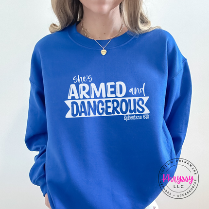 Royal crewneck with a bold Ephesians 6:10 faith graphic.