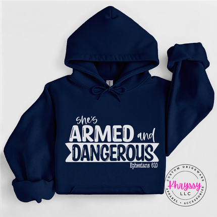 Navy hoodie featuring a She's Armed and Dangerous scripture design.