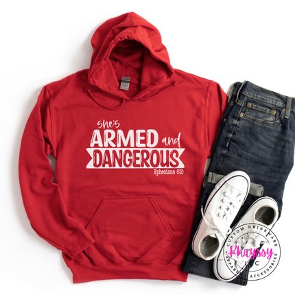 Red hoodie with a bold Ephesians 6:10 faith graphic.