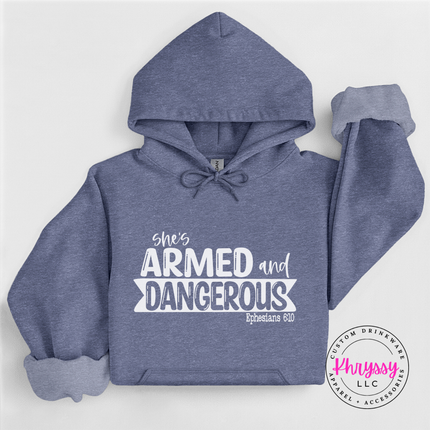 Heather Dark Navy hoodie showing bold armor of God faith lettering.