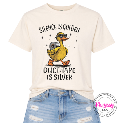 Relaxed fit funny duck shirt with bold silence is golden duct tape is silver