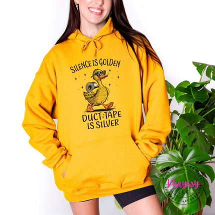 Cozy Gildan sarcastic hoodie with sunglasses duck and humor duct tape graphic