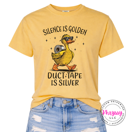 Earthy pigment-dyed sarcastic tee with yellow duck duct tape humor design