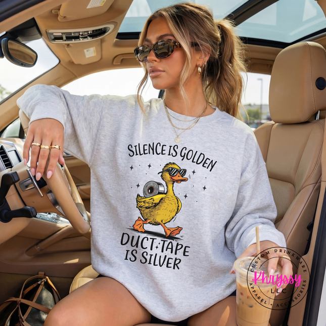 Substantial humor graphic crewneck with sarcastic duck duct tape design