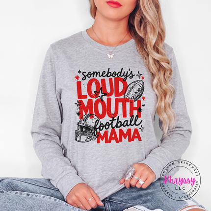 Woman wearing an Athletic Heather long sleeve tee with the loud mouth football mama design