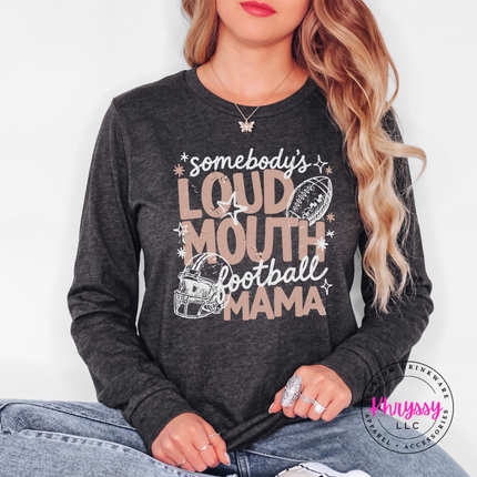 Dark Gray Heather long sleeve tee styled with jeans and the football mama design