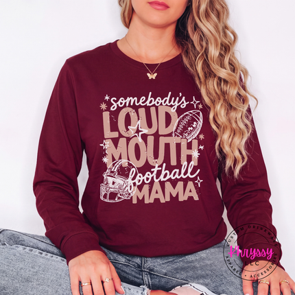 Maroon long sleeve tee styled with sneakers and the loud mouth football mama graphic