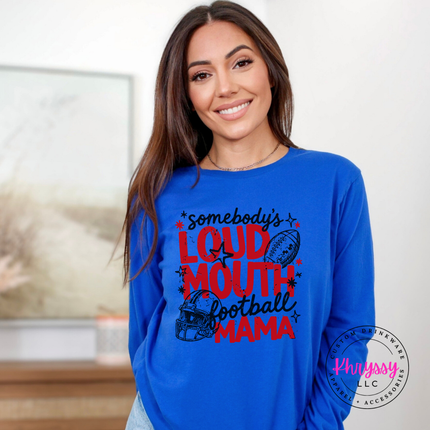 True Royal long sleeve tee featuring the loud mouth football mama game day graphic