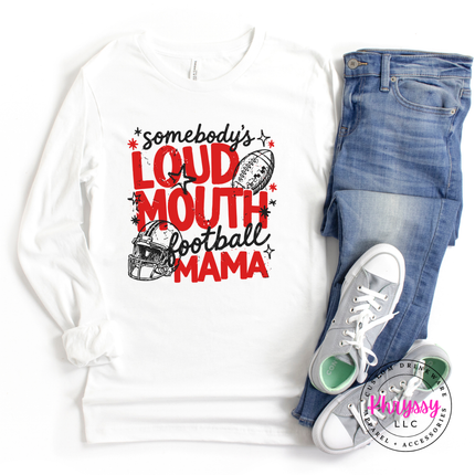 White long sleeve tee with the somebody's loud mouth football mama helmet design