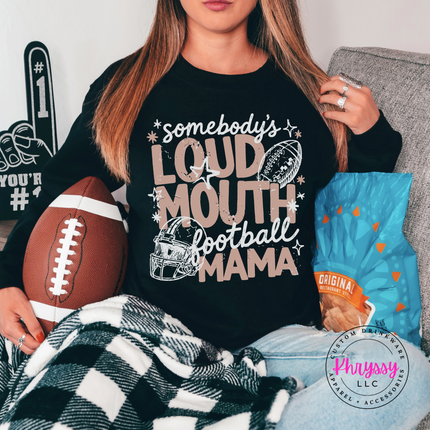 Black long sleeve crew with the white and peach loud mouth football mama graphic