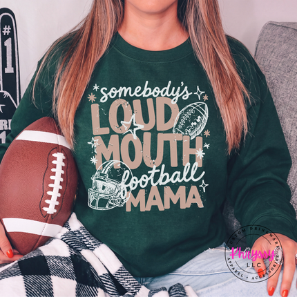 Forest crewneck sweatshirt with the white and peach loud mouth football mama design