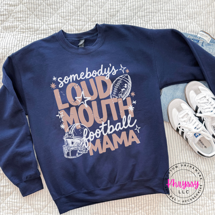 Navy crewneck sweatshirt styled with sneakers and the loud mouth football mama design