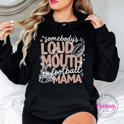 Black hoodie with the white and peach loud mouth football mama graphic