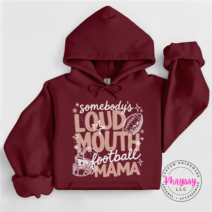 Maroon hoodie featuring the white and peach loud mouth football mama design