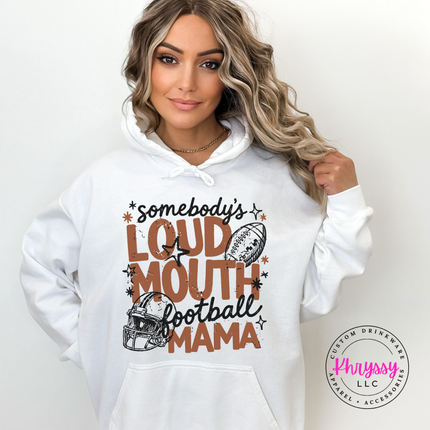 Fleece hoodie styled for a Friday night game, showing the full football mom graphic and.
