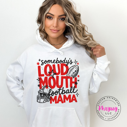 Woman wearing a White hoodie with the somebody's loud mouth football mama design
