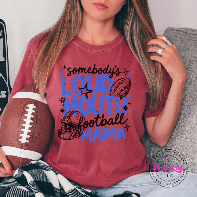 Crimson tee featuring the somebody's loud mouth football mama game day design