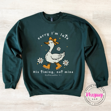 Forest crewneck sweatshirt featuring a white His Timing Not Mine goose design.