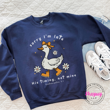 Navy crewneck sweatshirt displaying a white funny faith goose graphic.