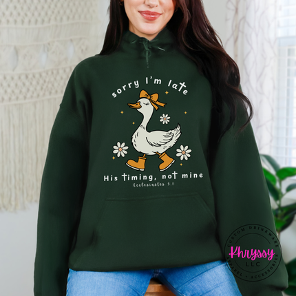 Forest pullover hoodie featuring a white His Timing Not Mine goose design.