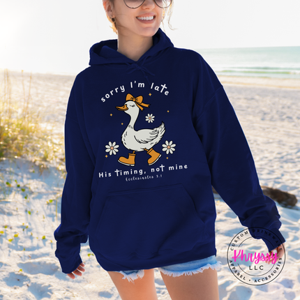 Navy pullover hoodie displaying a white funny faith goose graphic.