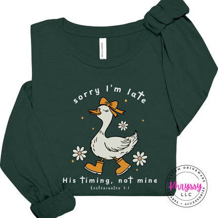 Forest long sleeve tee featuring a white His Timing Not Mine goose design.