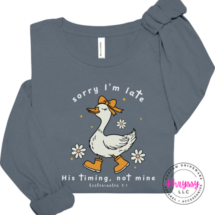 Steel Blue long sleeve tee displaying a white funny faith goose graphic.