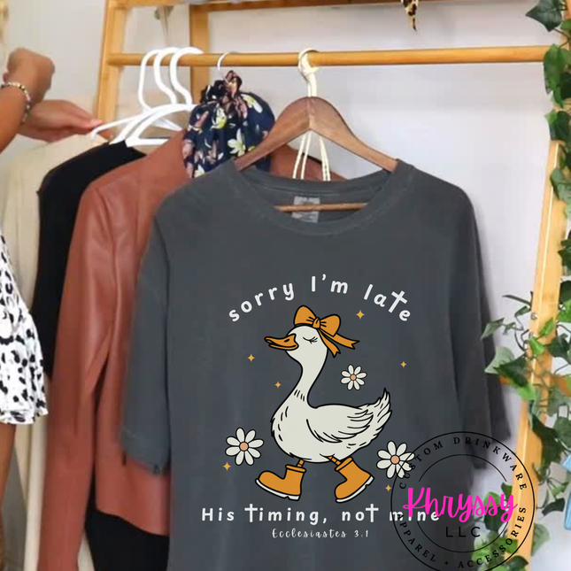 Gray sweatshirt with a duck graphic and text hanging on a rack with other clothes.