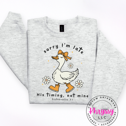 Gray sweatshirt with a cartoon duck and text on a white background