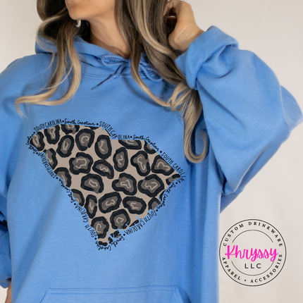 Blue hoodie with leopard print design and 'Thryssy LLC' branding.