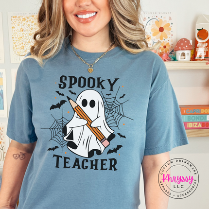 Ice Blue tee with the Spooky Teacher ghost with pencil graphic