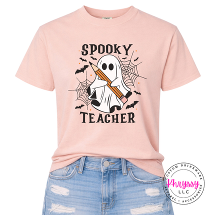 Peachy tee with a spooky teacher ghost and pencil illustration.